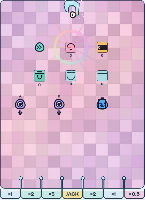 Real development gameplay: a player-built board of coral bumpers, violet force fields, moving platforms and balls above multiplier and jackpot slots.